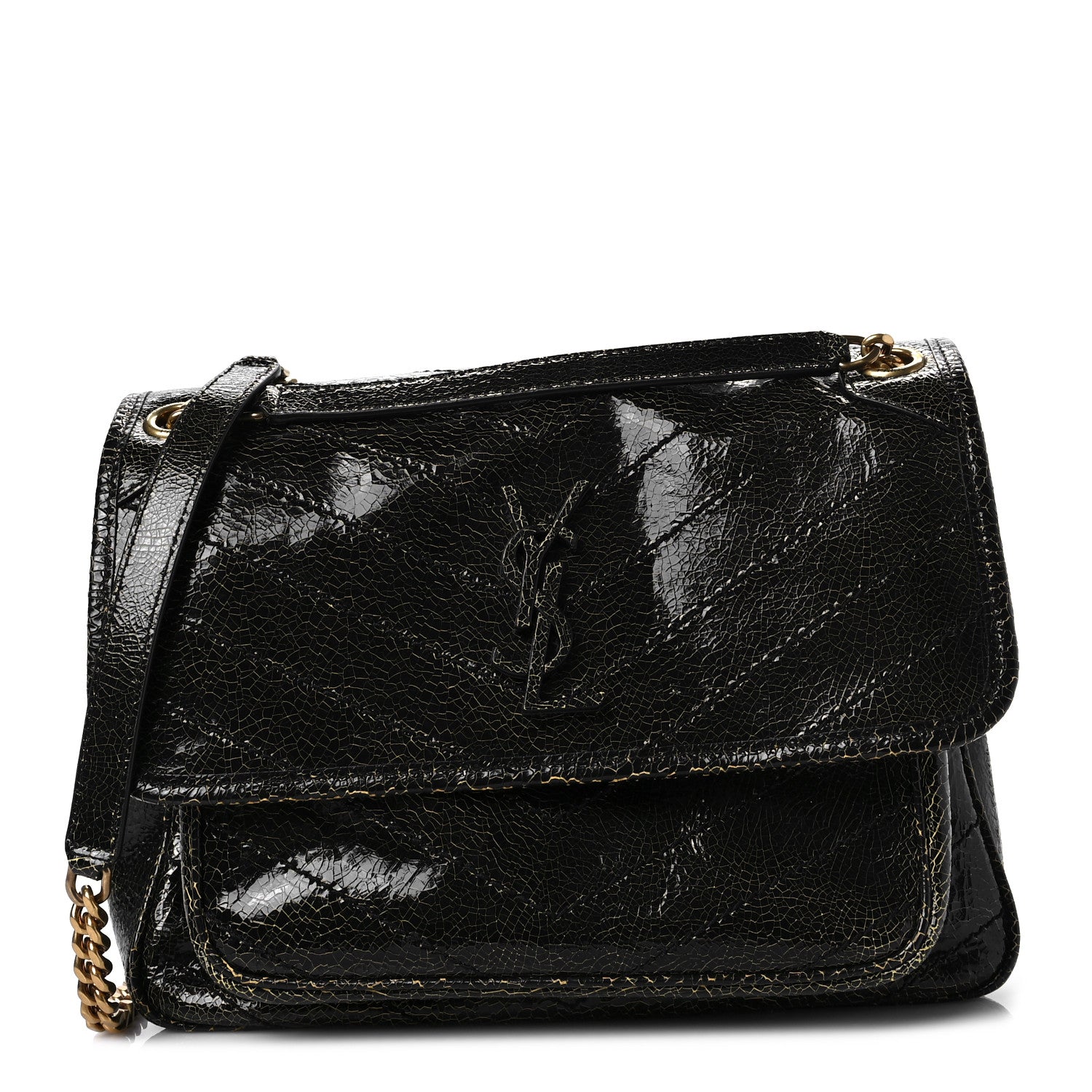 Saint Laurent Crinkled Calfskin Matelasse Monogram Medium Niki Chain Satchel Black Ocra 1 of 6