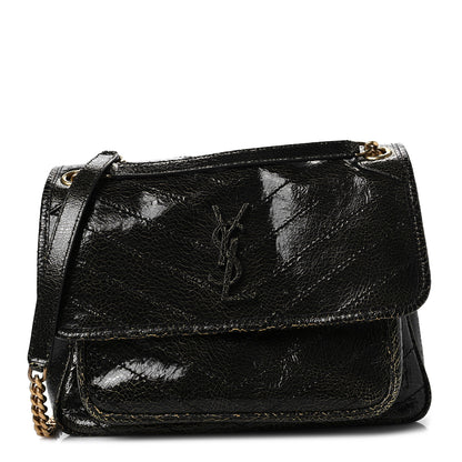 Saint Laurent Crinkled Calfskin Matelasse Monogram Medium Niki Chain Satchel Black Ocra 1 of 6