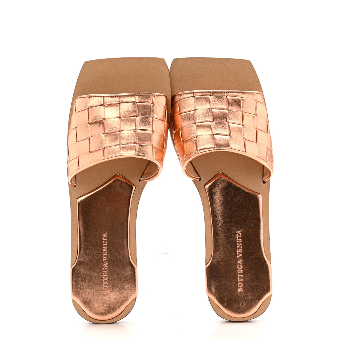 Laminated Nappa Intrecciato Squared Toe Flat Sandals 40 Gold Peach