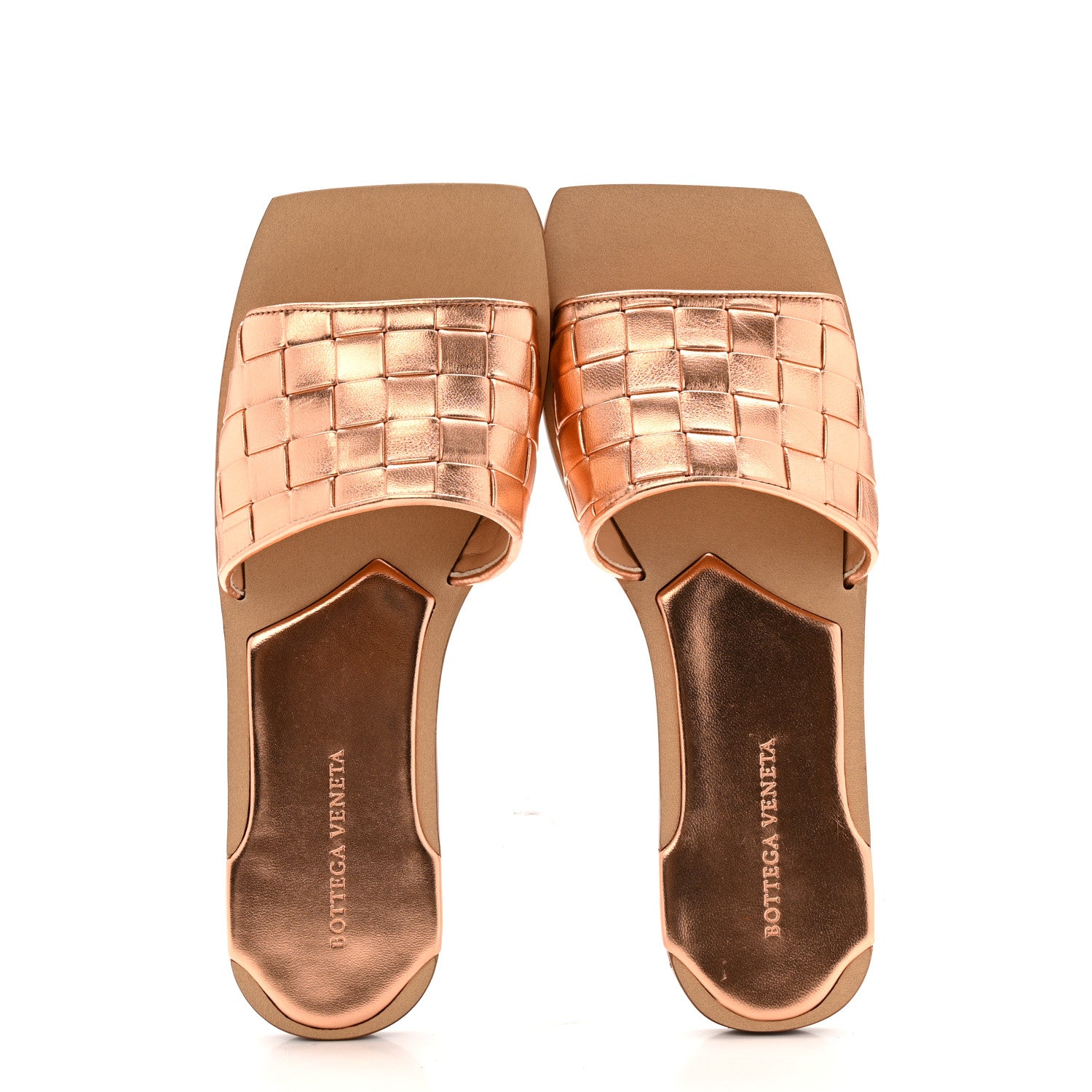 Bottega Veneta Laminated Nappa Intrecciato Squared Toe Flat Sandals 40 Gold Peach 2 of 10
