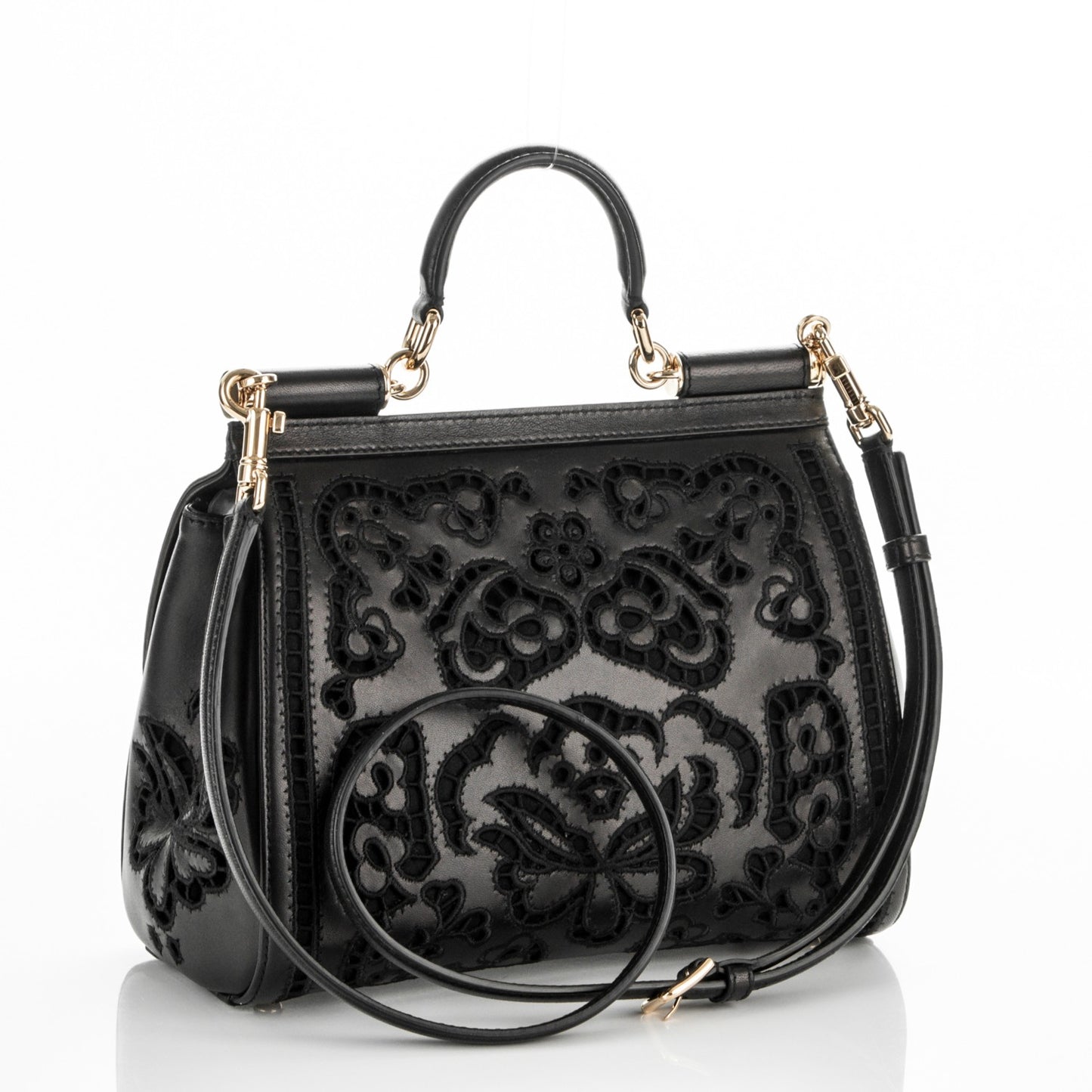 Calfskin Medium Embroidered Laser Cut Miss Sicily Satchel Black