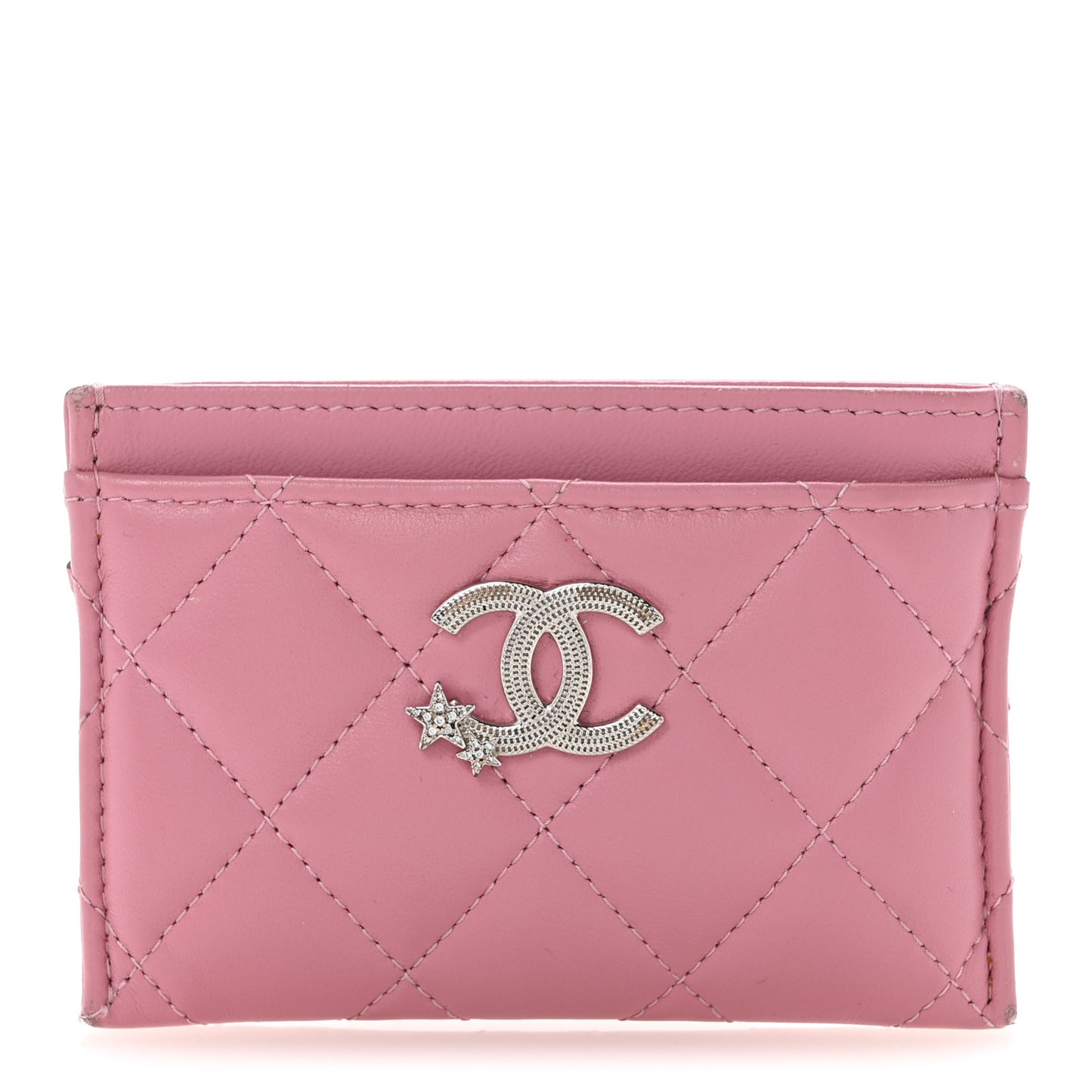 Lambskin Quilted Crystal Star Card Holder Pink