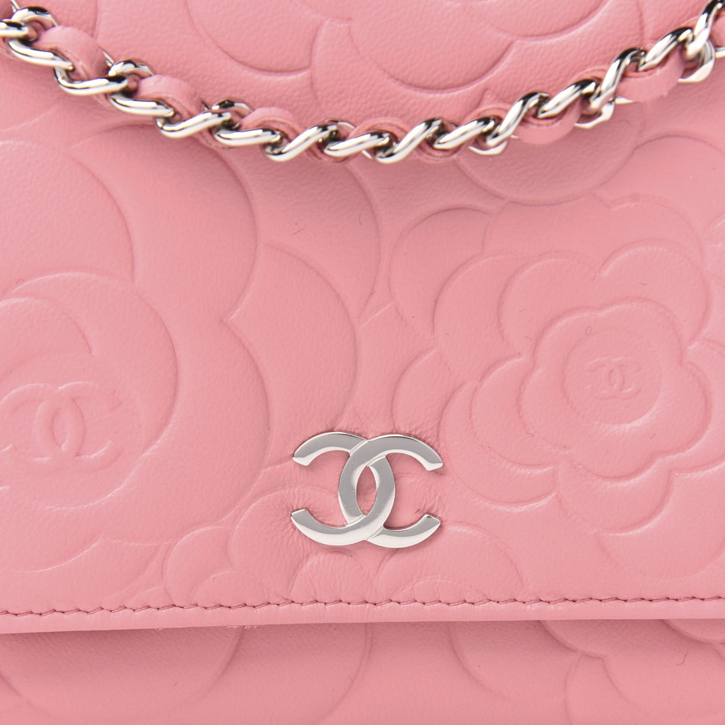 Lambskin Camellia Embossed Wallet On Chain WOC Pink