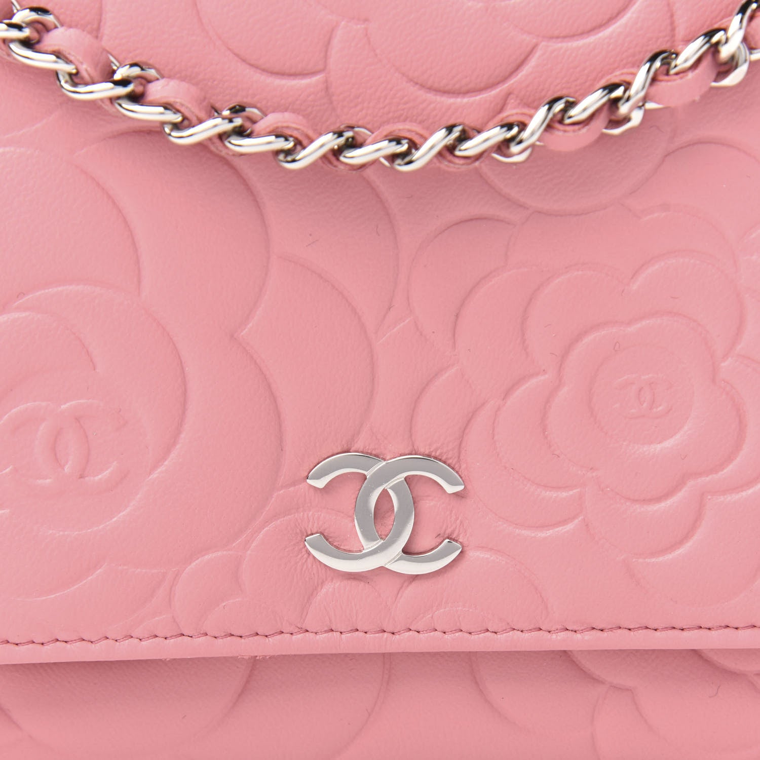 Chanel Lambskin Camellia Embossed Wallet On Chain WOC Pink 9 of 12