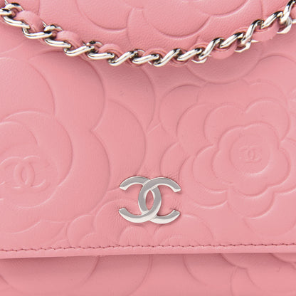 Chanel Lambskin Camellia Embossed Wallet On Chain WOC Pink 9 of 12