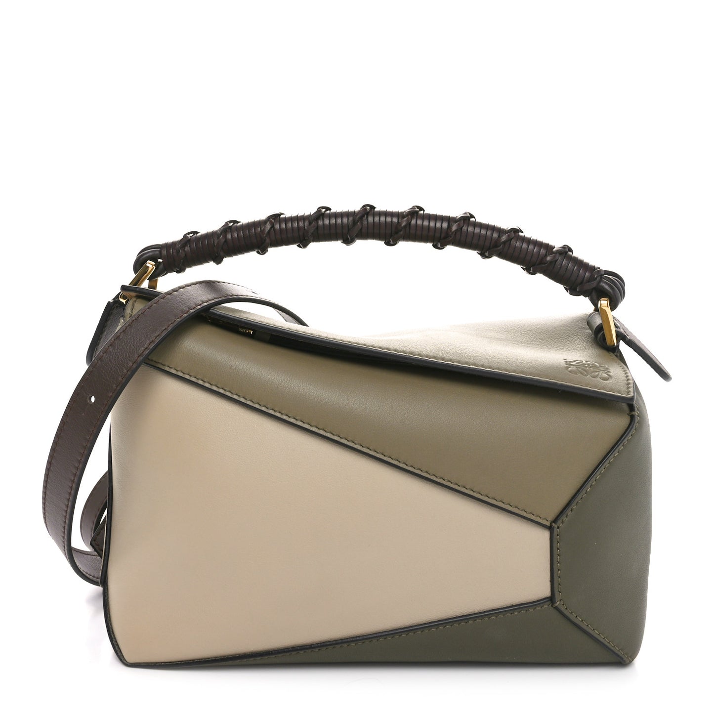 Calfskin Small Puzzle Edge Bag Laurel Green Light Oat