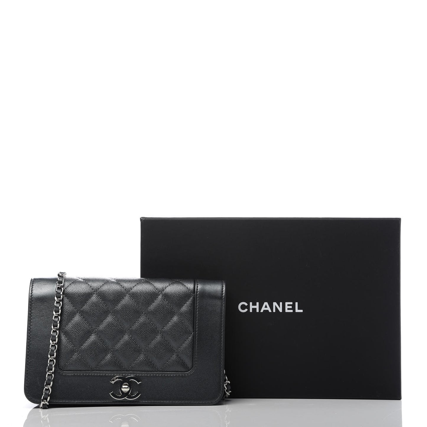 Metallic Caviar Chevron Quilted Vintage Mademoiselle Wallet On Chain WOC Charcoal