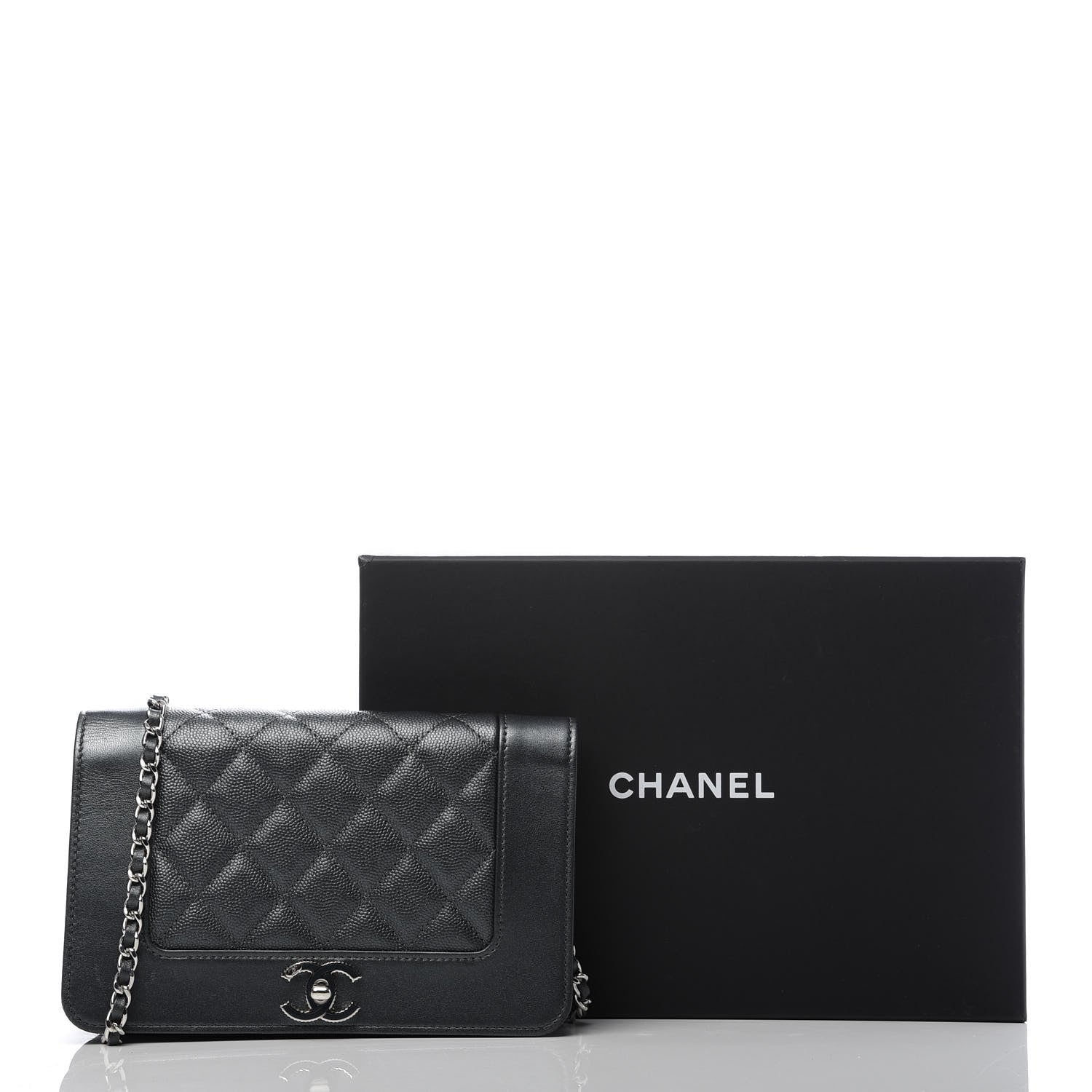 Chanel Metallic Caviar Chevron Quilted Vintage Mademoiselle Wallet On Chain WOC Charcoal 11 of 11