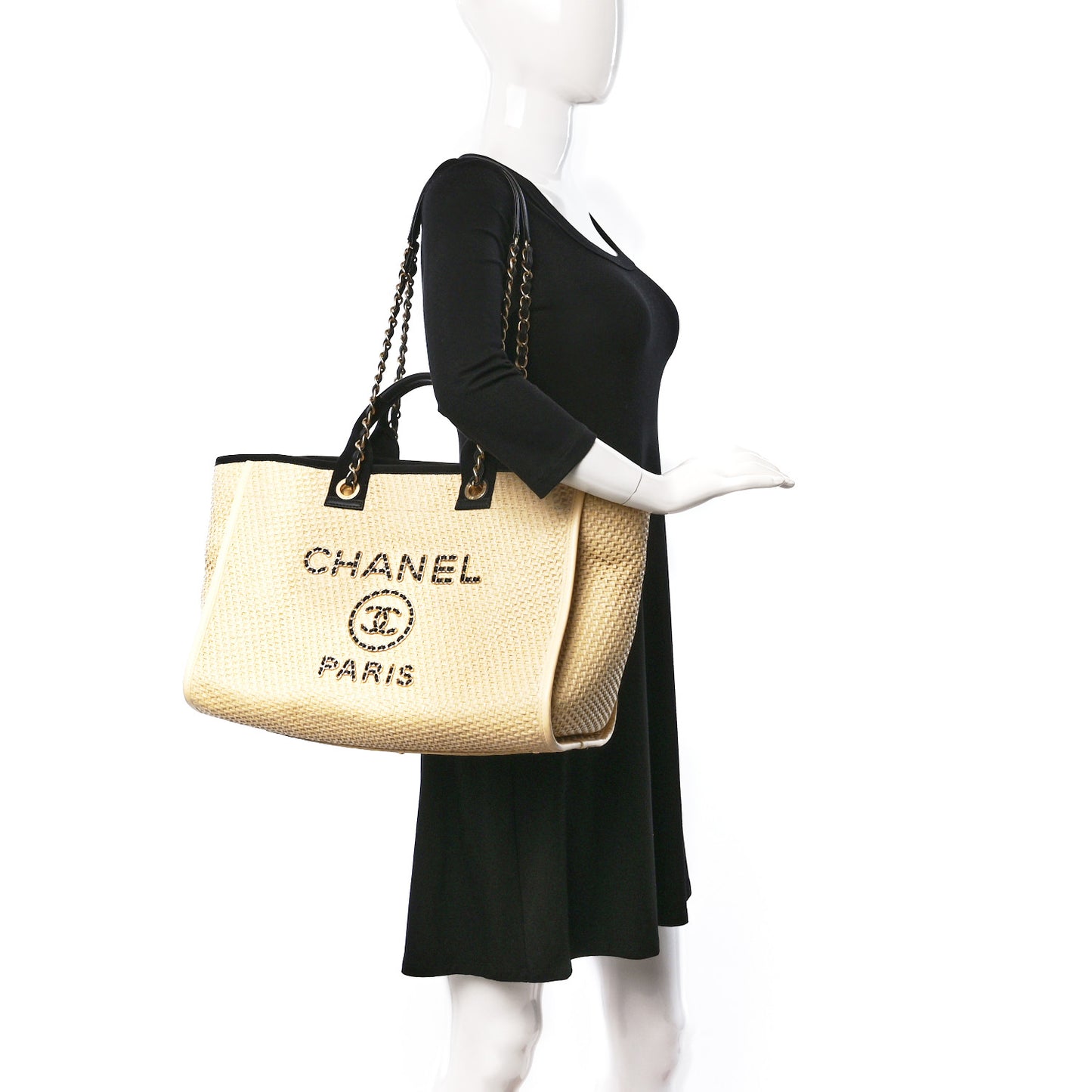 Straw Raffia Calfskin Chain Medium Deauville Tote Beige Black
