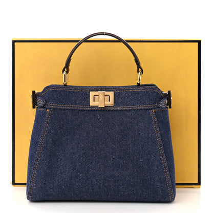 Fendi Denim Fabric Jacquard Cuoio FF 1974 Mini Peekaboo Iconic Satchel Blue Tobacco Moro 12 of 12