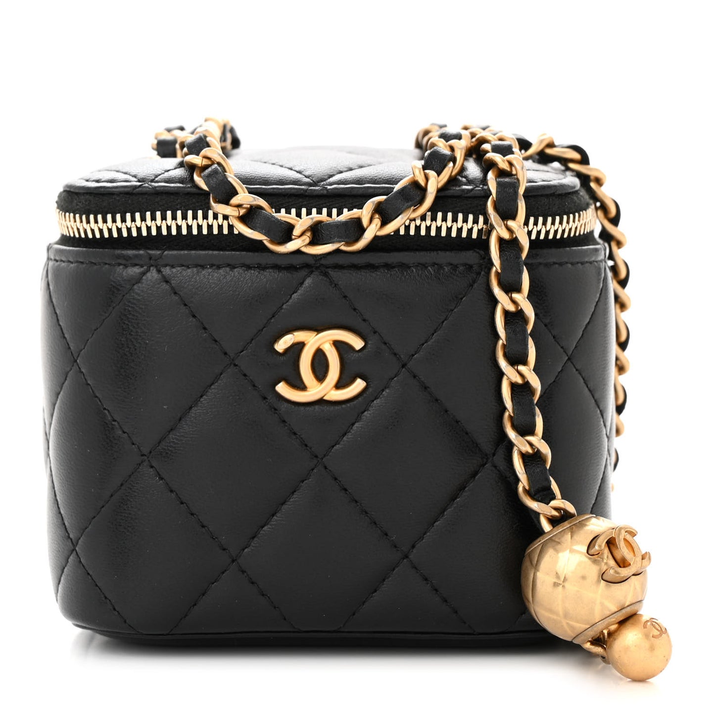 Lambskin Quilted Mini Pearl Crush Vanity Case With Chain Black
