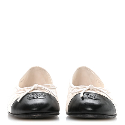 Chanel Canvas Lambskin Quilted CC Cap Toe Ballerina Flats 37 White Black 3 of 8