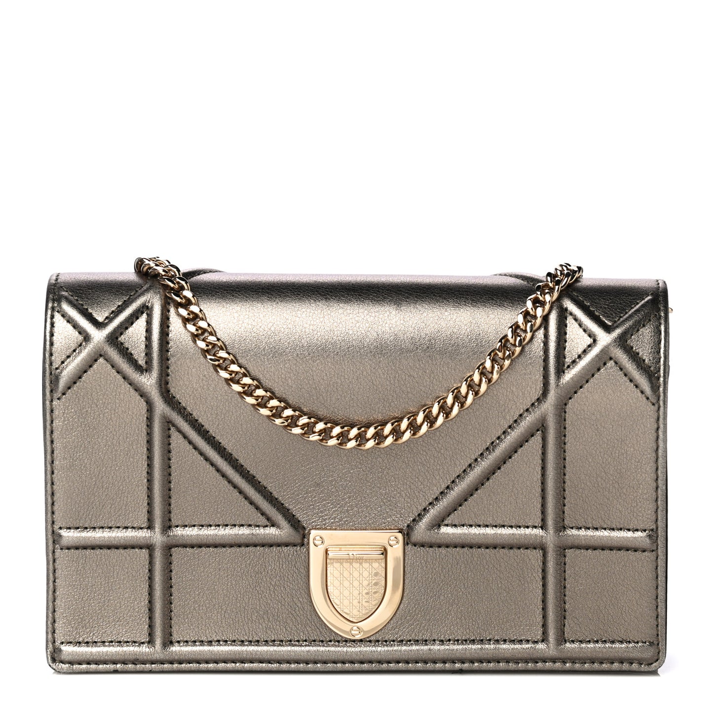 Metallic Calfskin Diorama Wallet on Chain Pouch Gunmetal