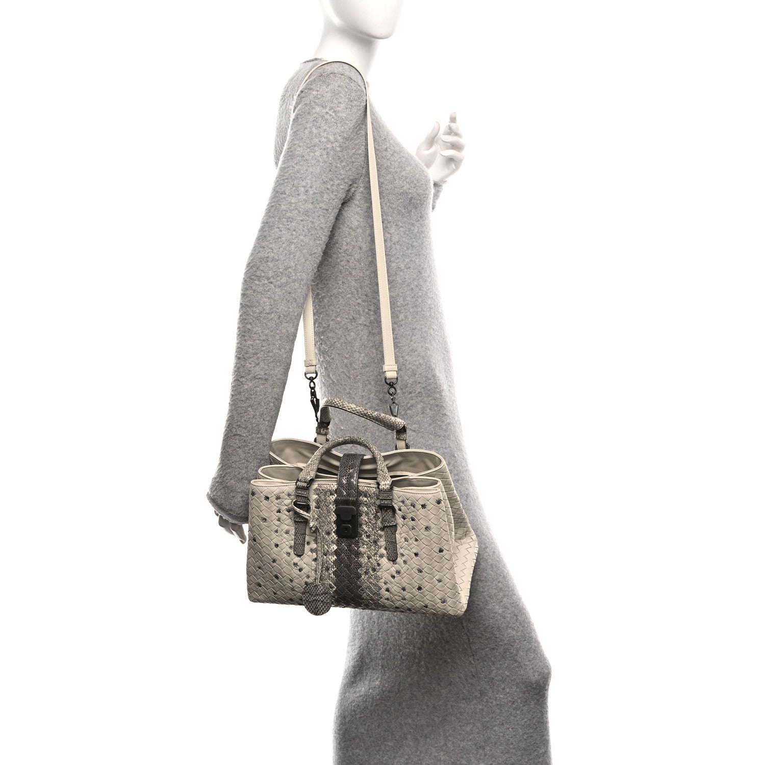 Bottega Veneta Light Calf Snakeskin Intrecciato Embroidered Small Roma Cream 2 of 9