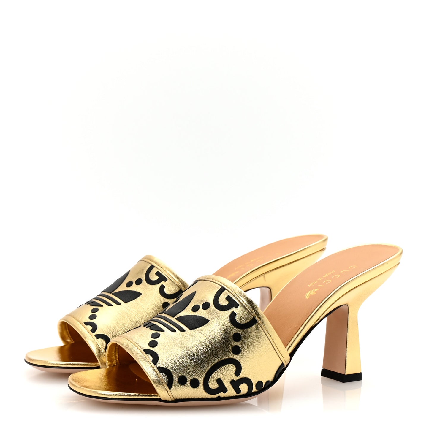 X ADIDAS Nappa Silk Charlotte Monogram Jumbo GG Trefoil 75mm Slide Sandals 37 King Gold Black