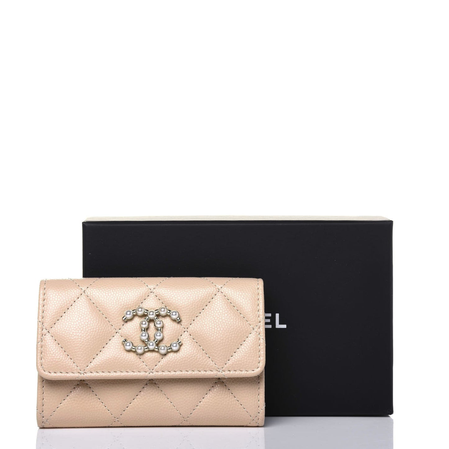 Caviar Pearl Quilted Coco Candy Flap Card Holder Beige