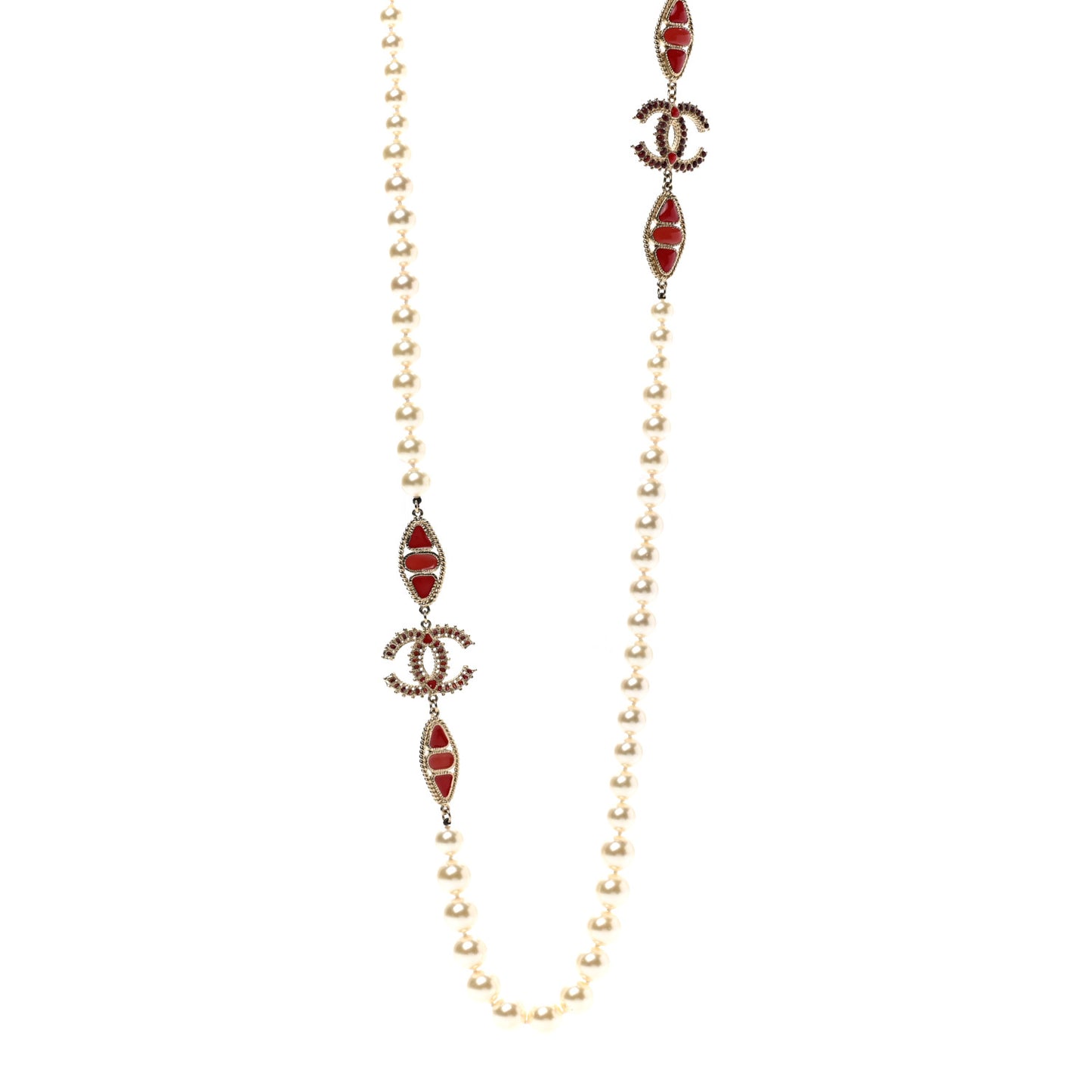 Pearl Gripoix CC Long Strand Necklace Gold Red