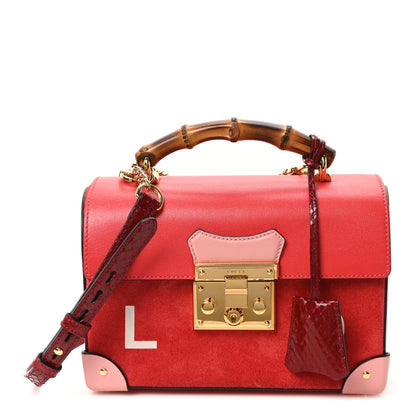 Gucci Calfskin Suede Snakeskin Valentines Day Small Padlock Bamboo Shoulder Bag Red Pink Multicolor 1 of 9