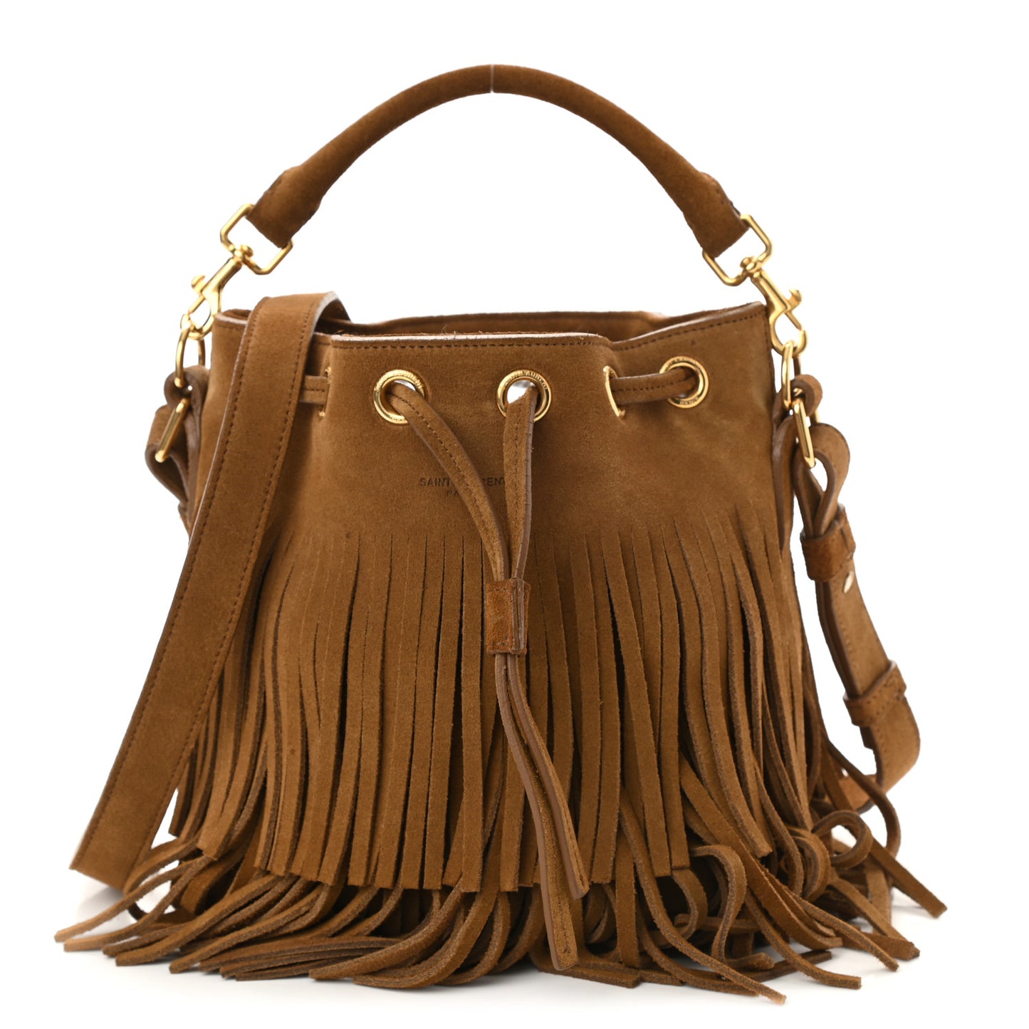 Suede Calfskin Small Emmanuelle Fringe Bucket Bag Light Ocre