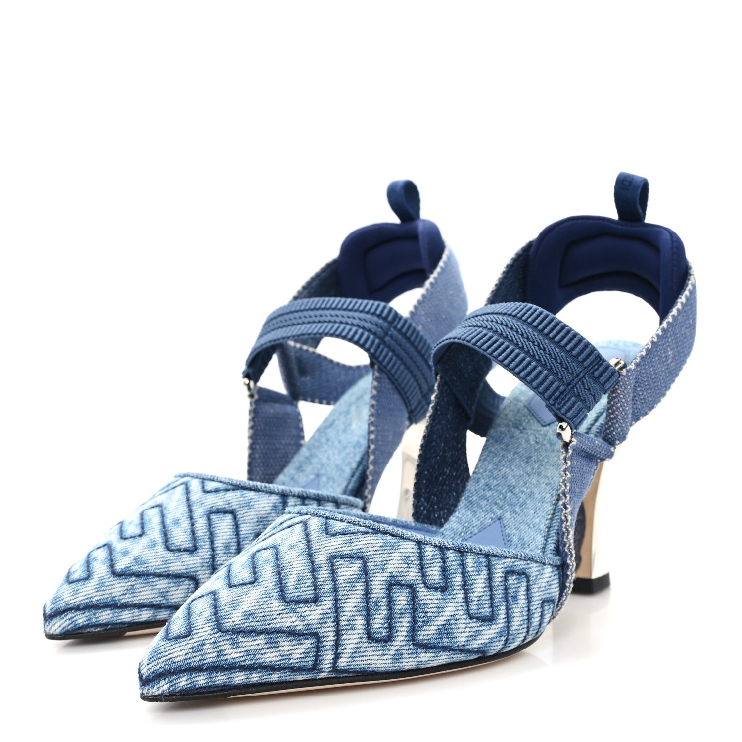 Fendi Fabric Jacquard FF Colibri 85mm Slingback Pumps 36 Blue 4 of 10
