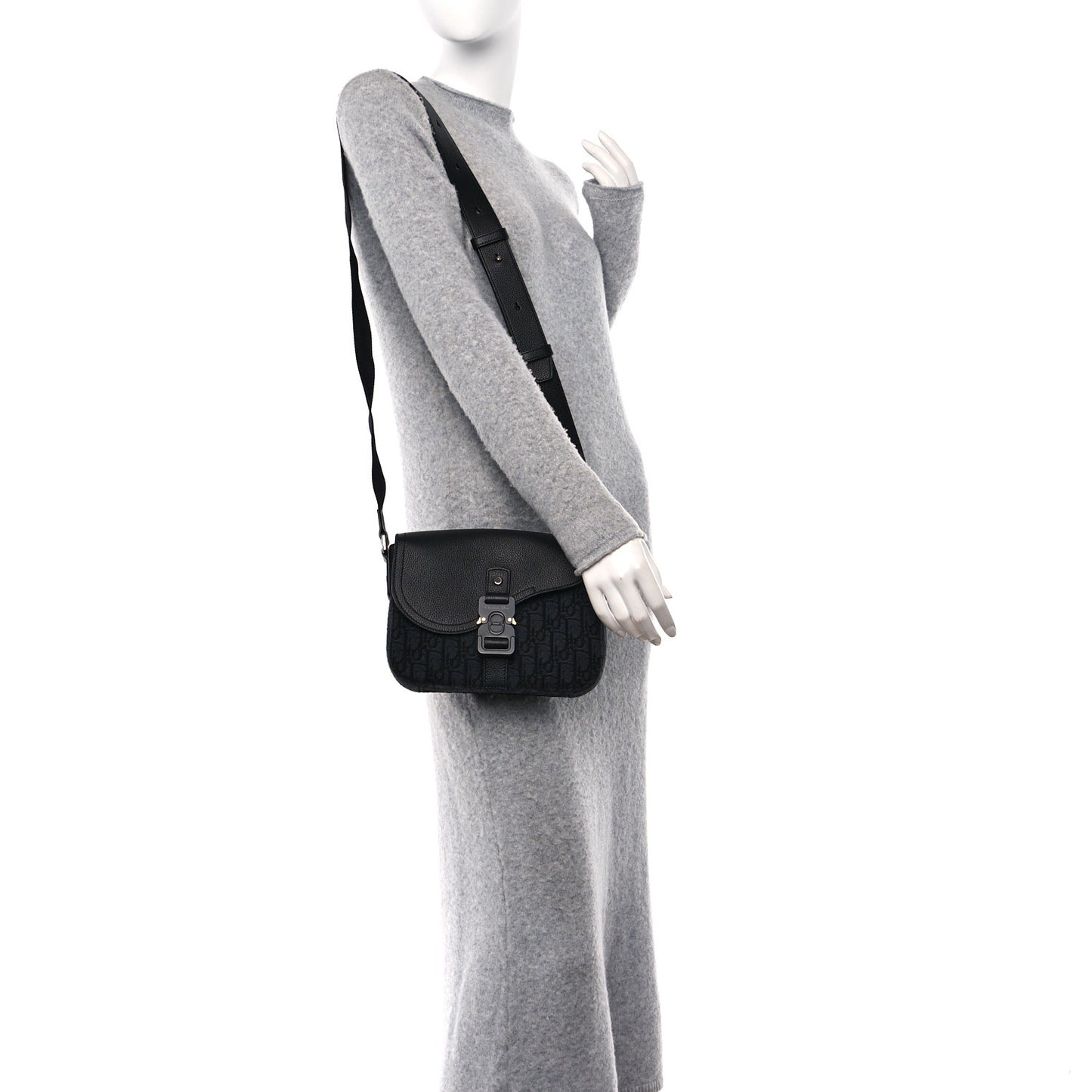 Oblique Jacquard Grained Calfskin Saddle Pouch With Strap Black