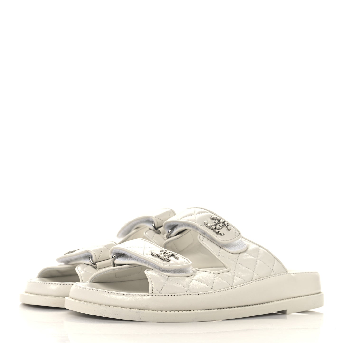 Lambskin Quilted Velcro Dad Chain CC Slide Sandals 39 White