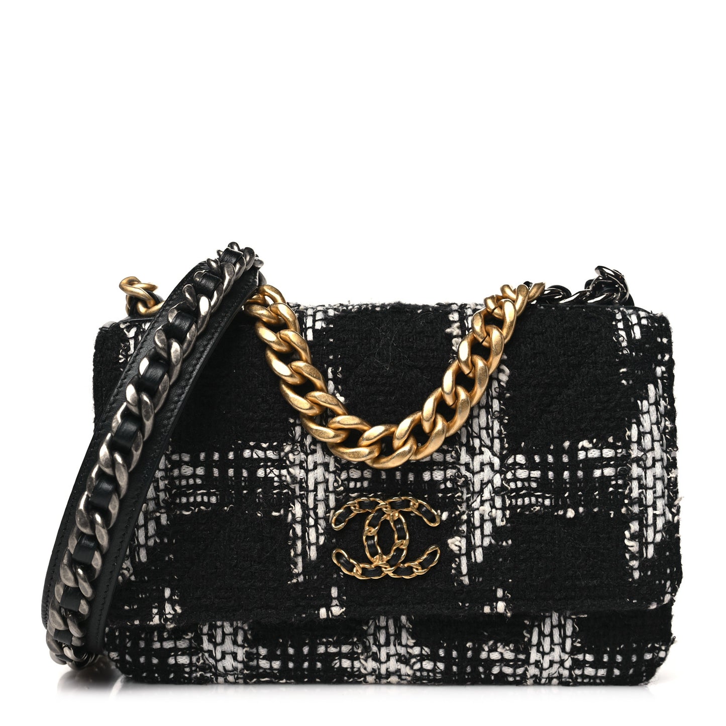 Tweed Quilted Chanel 19 Wallet On Chain WOC Black White