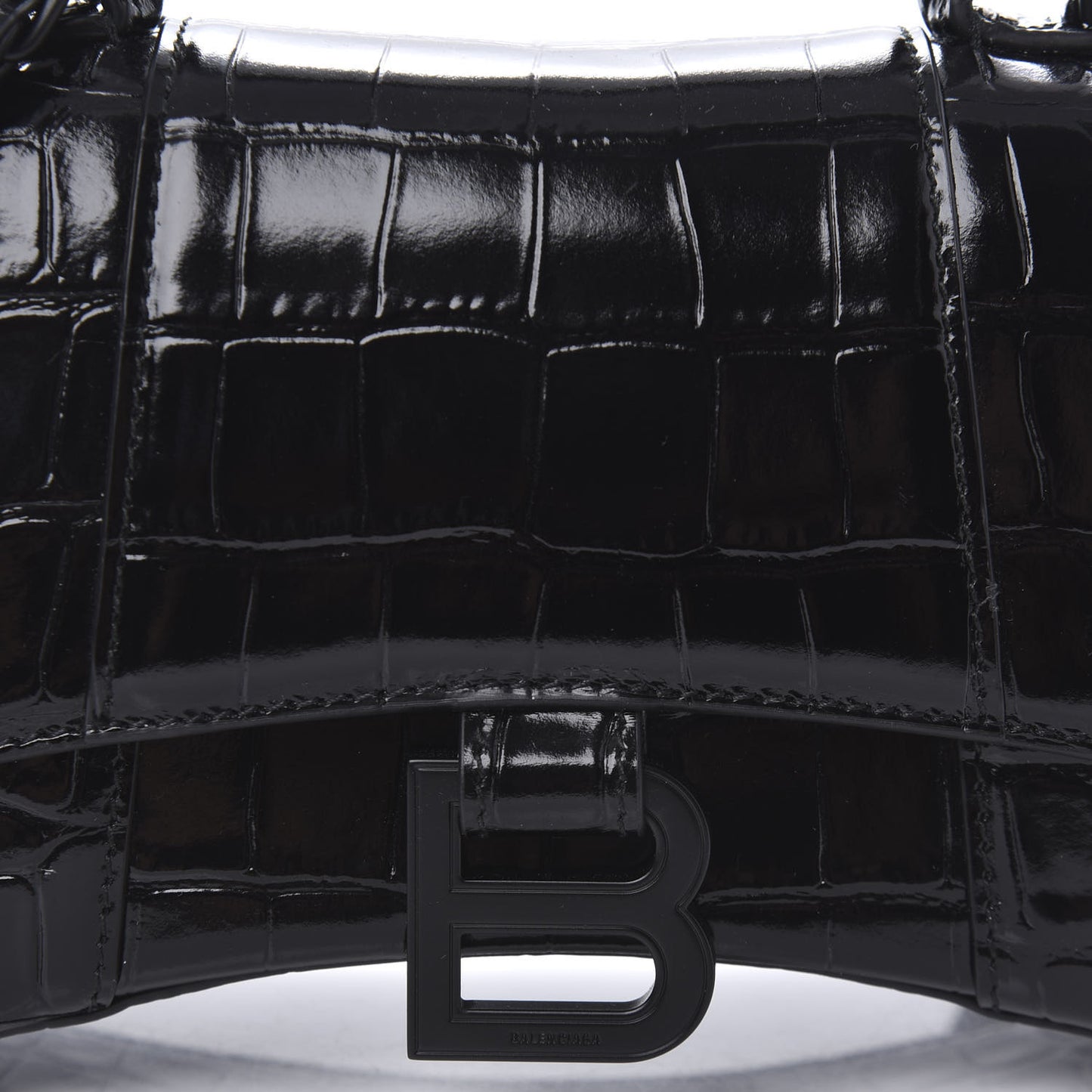 Shiny Calfskin Monochrome Crocodile Embossed Hourglass Top Handle Bag XS Black