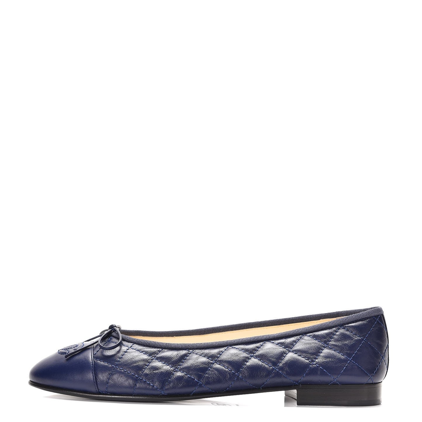 Aged Calfskin Quilted Cap Toe Ballerina Flats 39.5 Navy