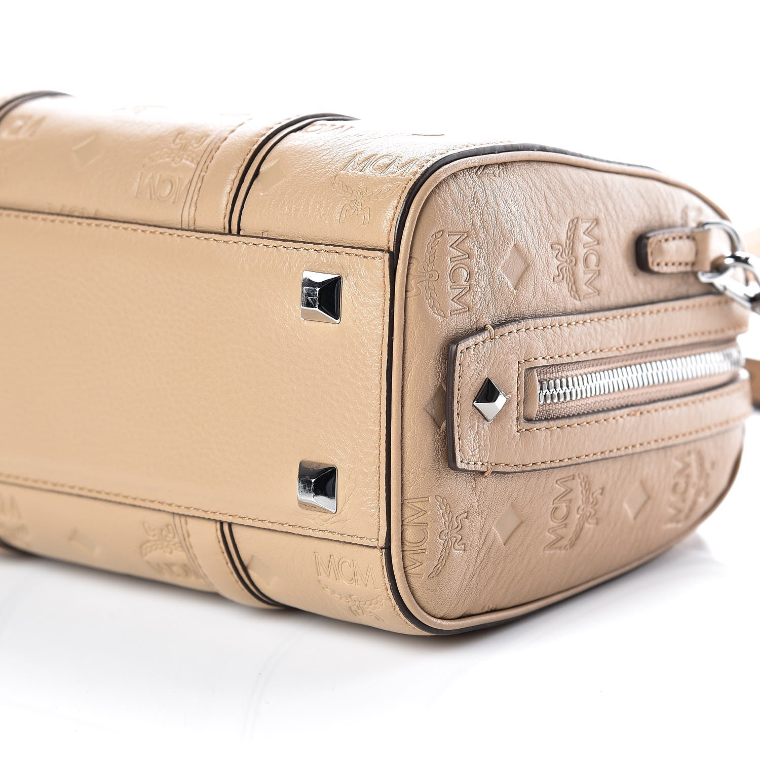 MCM Calfskin Ottomar Monogram Small Boston Bag Beige 6 of 9