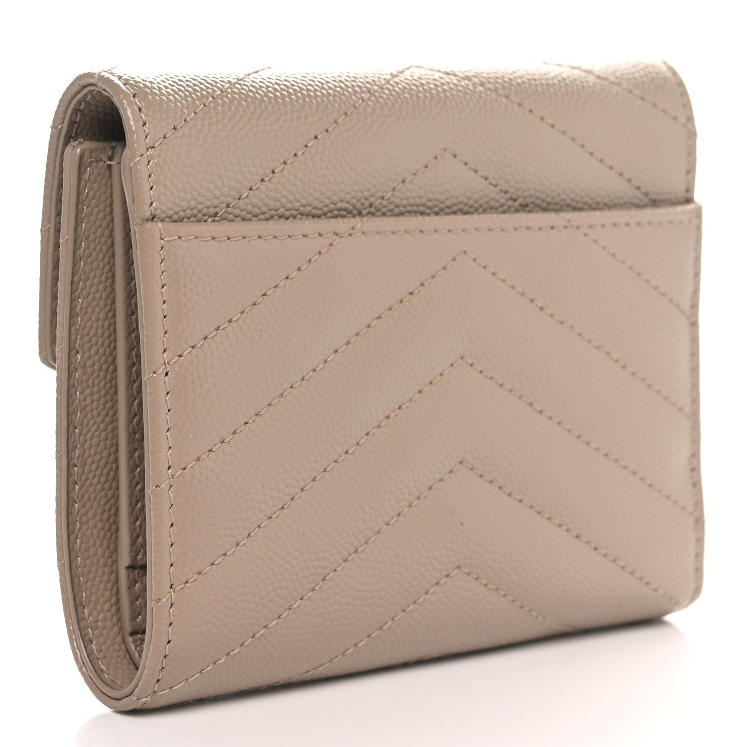 Saint Laurent Grain De Poudre Matelasse Chevron Monogram Compact Tri Fold Wallet Dark Beige 3 of 6