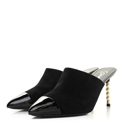 Chanel Suede Patent Calfskin Cap Toe Pearl Mule 39 Black 3 of 8