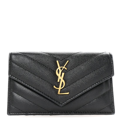 Saint Laurent Grain De Poudre Matelasse Chevron Monogram Compact Wallet Black 1 of 7