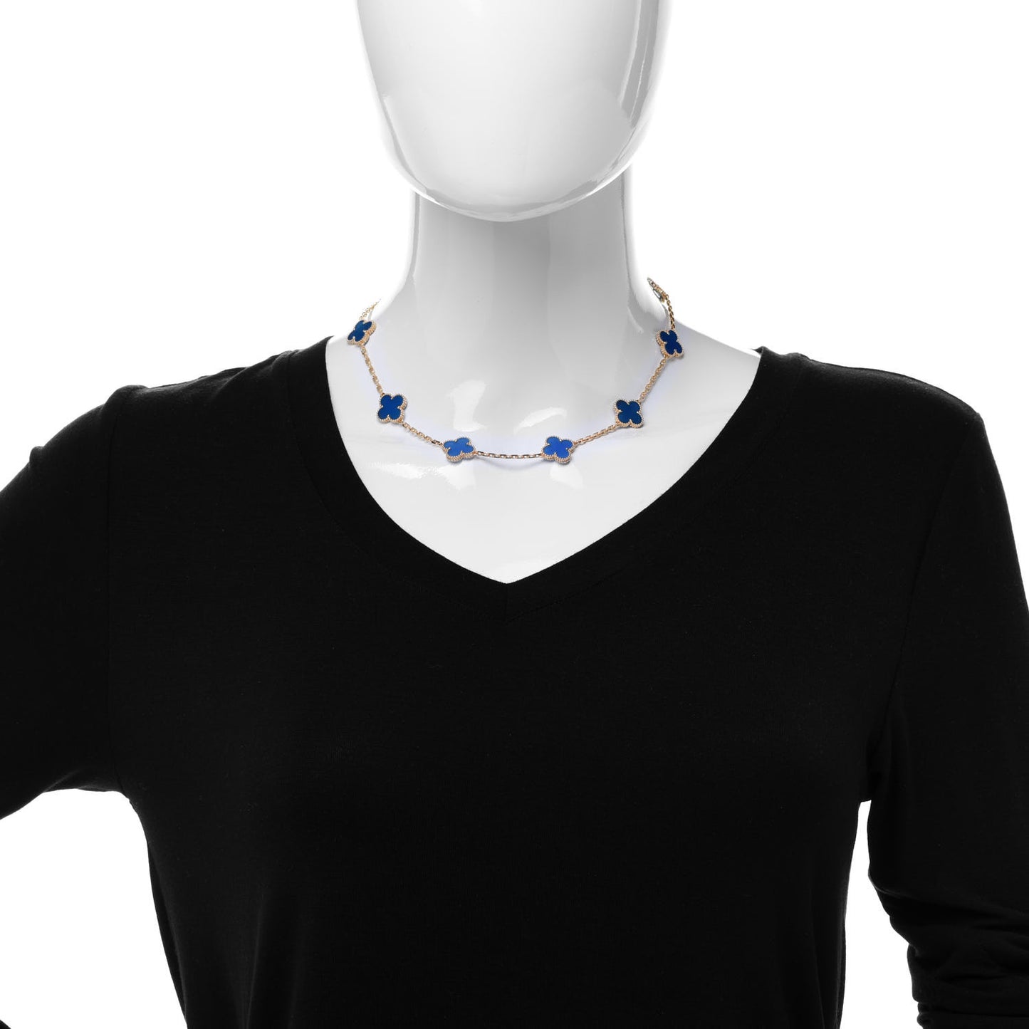 18K Yellow Gold Blue Agate 10 Motifs Vintage Alhambra Necklace