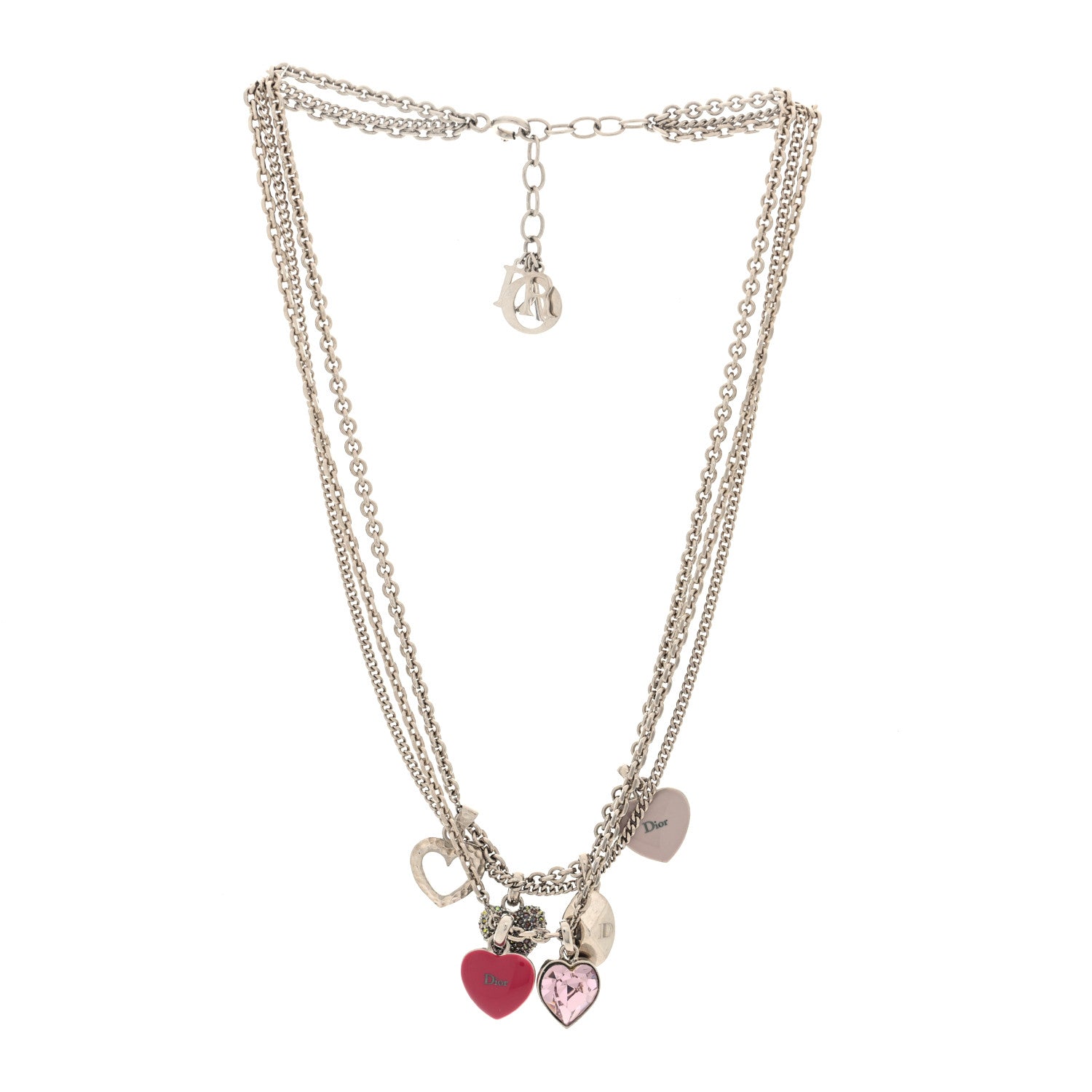 Christian Dior Metal Crystal Heart Charm Necklace Silver Pink 1 of 3