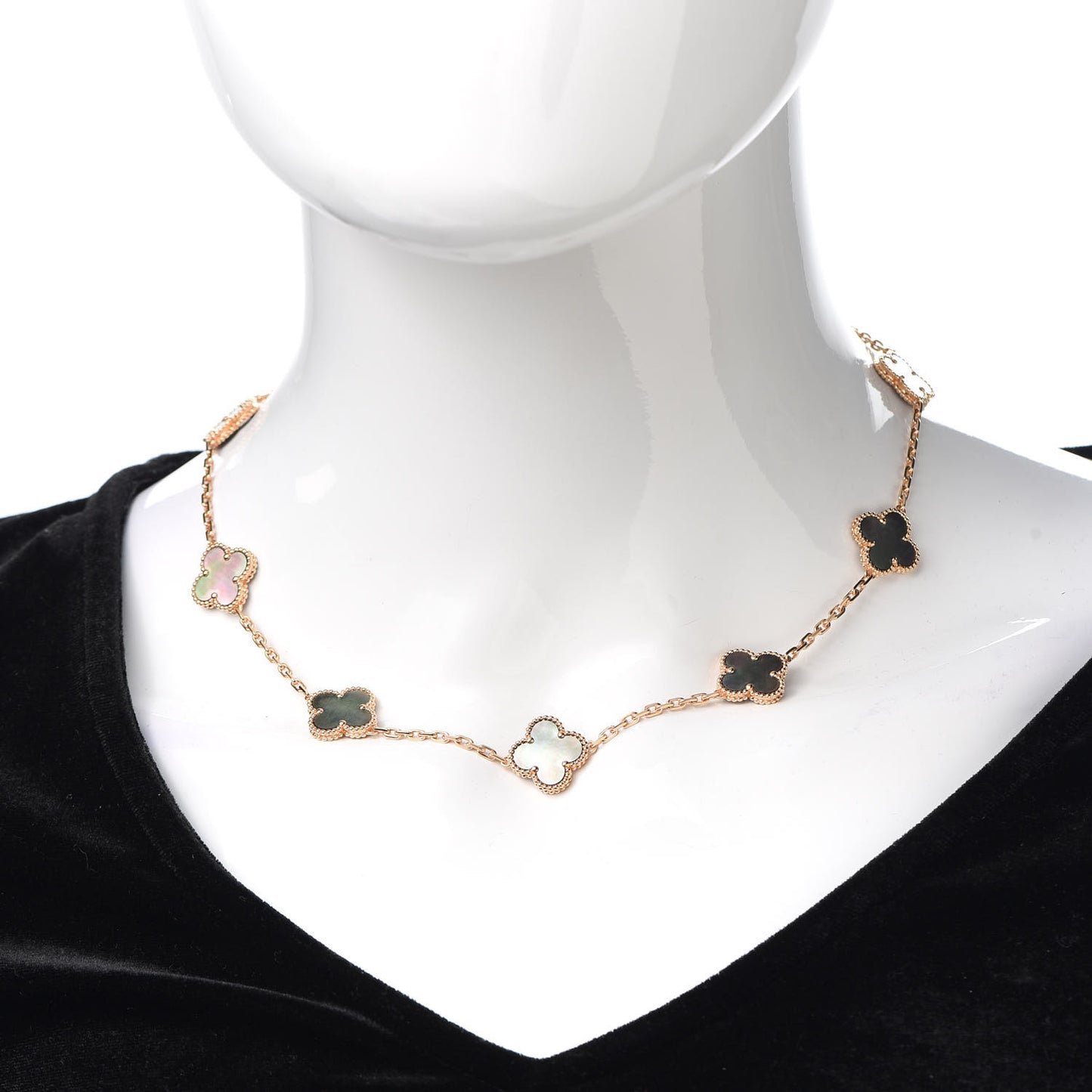 18K Rose Gold Grey Mother of Pearl 10 Motifs Vintage Alhambra Necklace