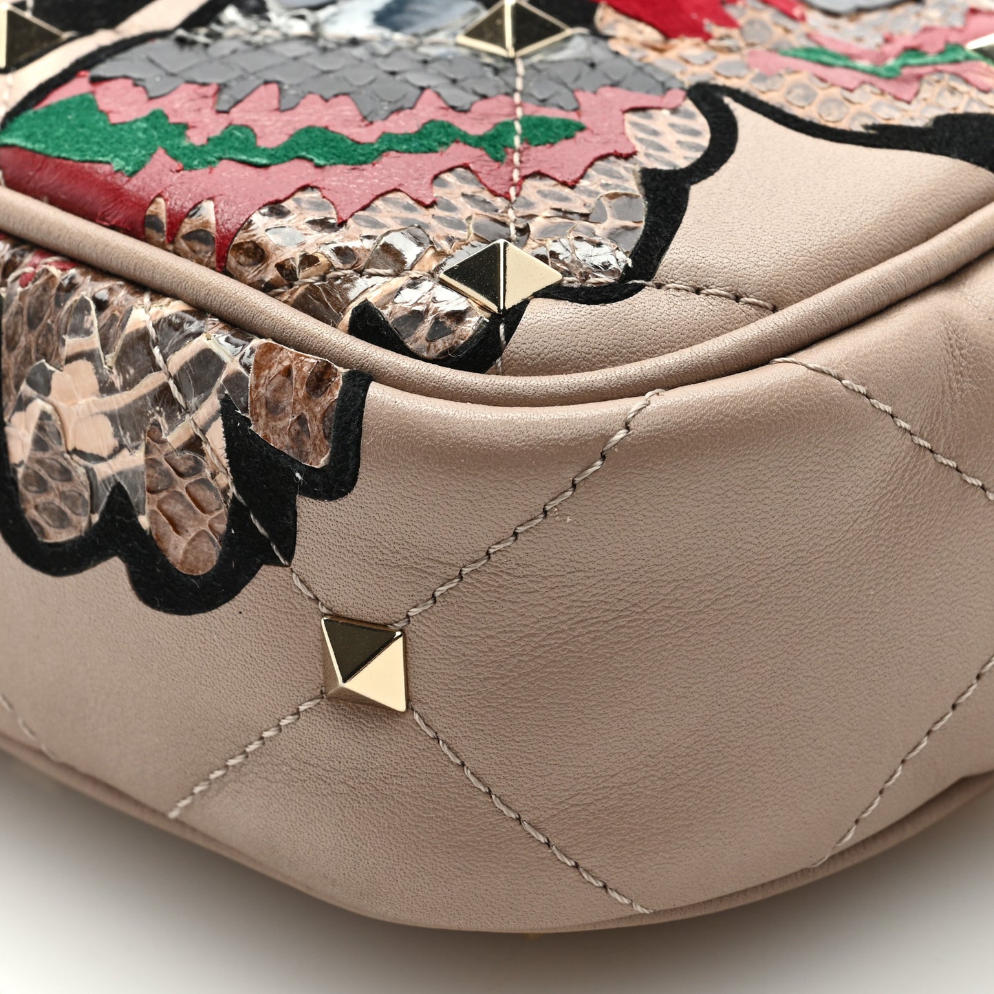 Calfskin Butterfly Embroidered Rockstud Camera Crossbody Bag Poudre