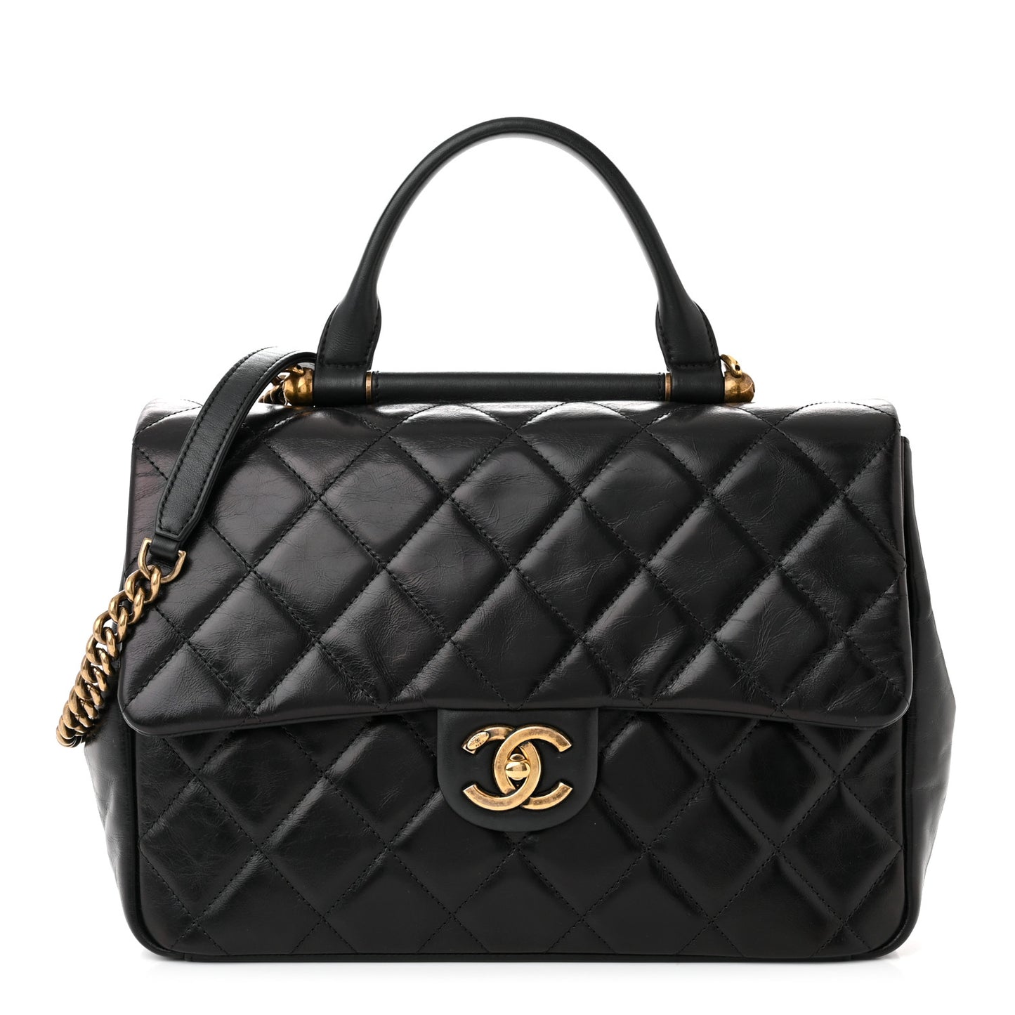 Calfskin Quilted Large Gold Bar Top Handle Flap Black