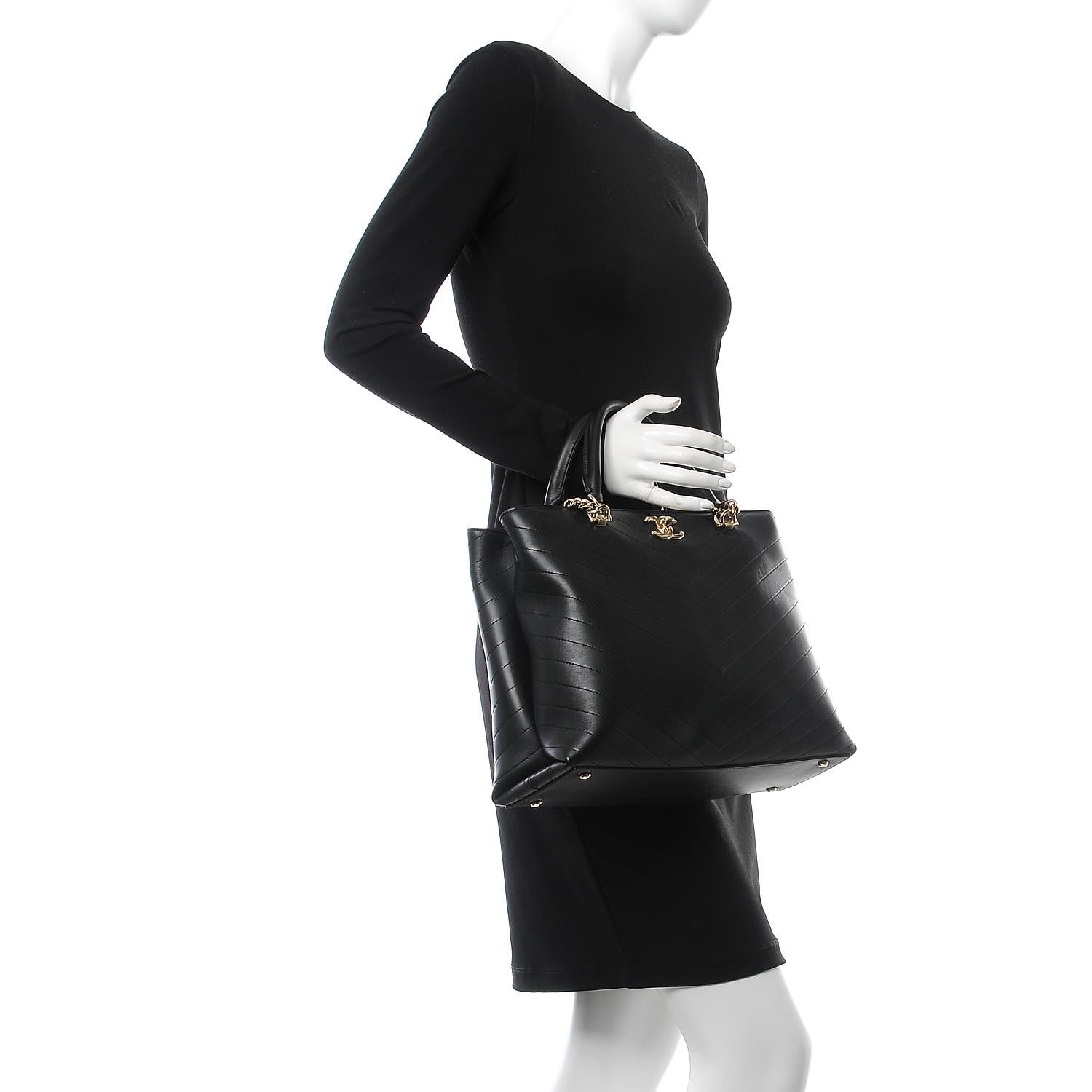 Chanel Calfskin Chevron Quilted Large Shopping Tote Black 3 of 9