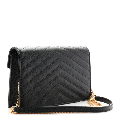 Saint Laurent Grain De Poudre Matelasse Chevron Monogram Envelope Chain Wallet Black 3 of 10