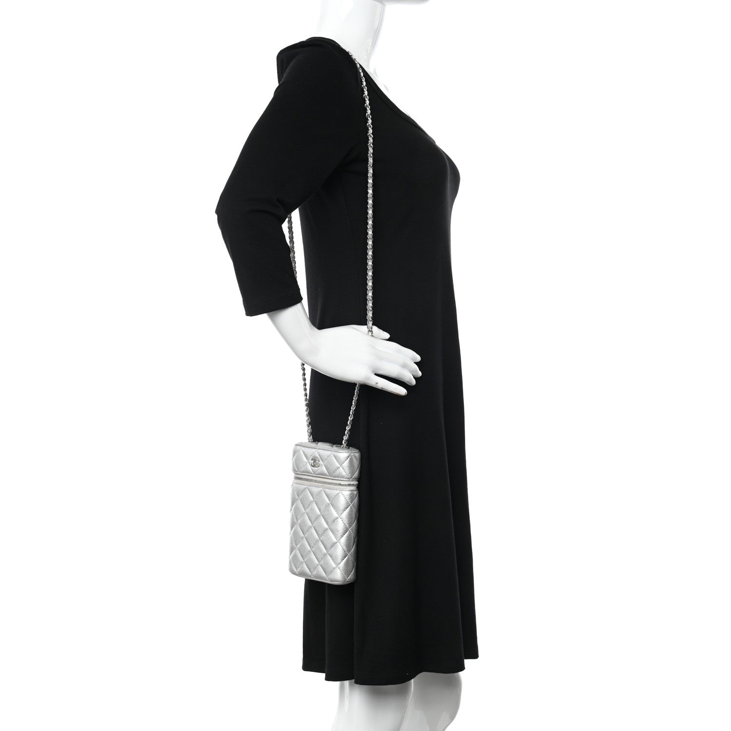 Chanel Metallic Lambskin Quilted Phone Holder With Chain Silver 2 of 14