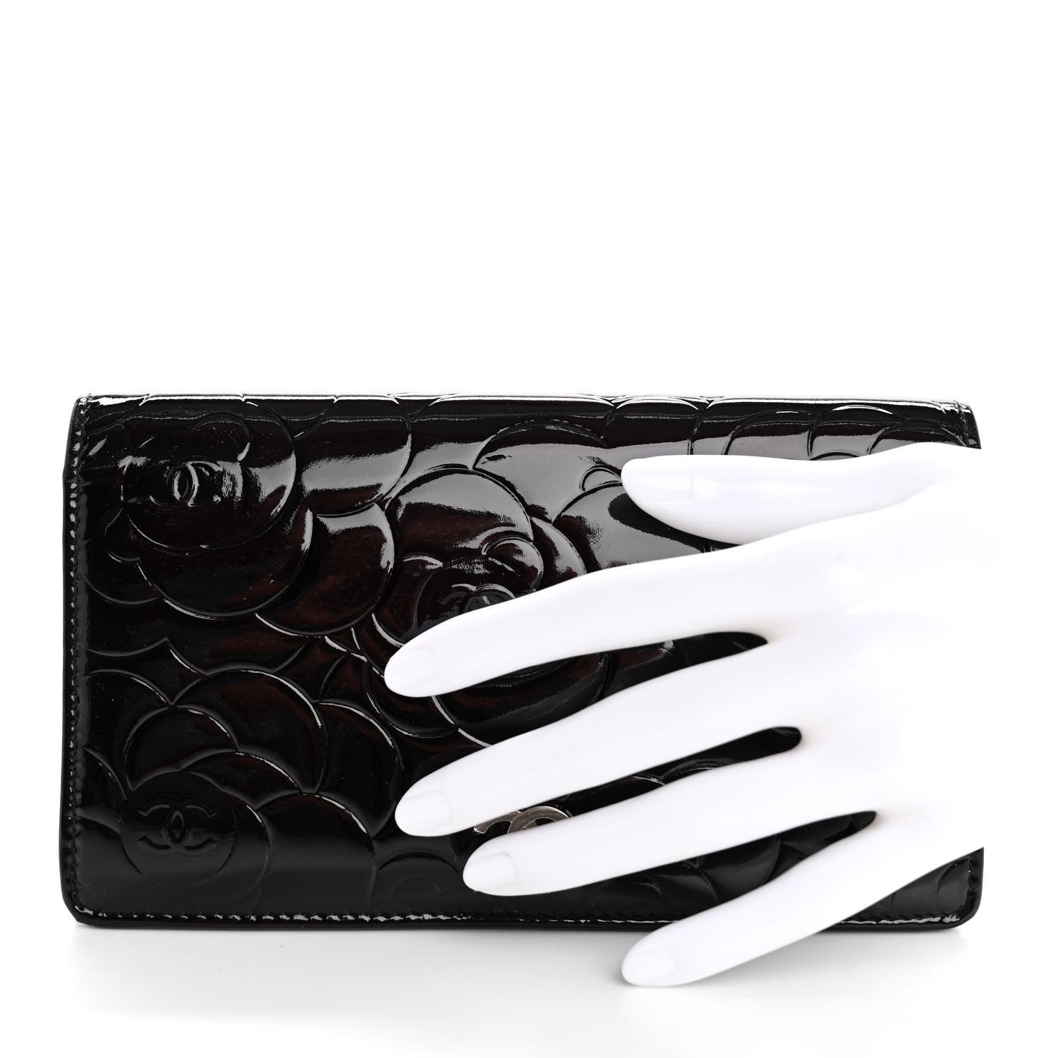 Chanel Patent Camellia Embossed Yen Wallet Black 2 of 13