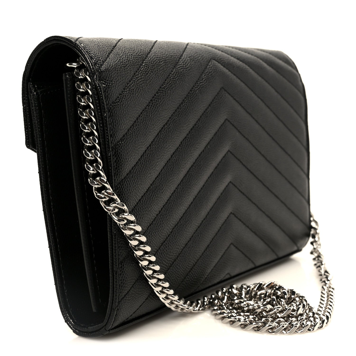 Saint Laurent Grain De Poudre Matelasse Chevron Monogram Chain Wallet Black 3 of 9