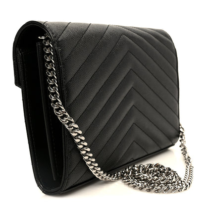 Saint Laurent Grain De Poudre Matelasse Chevron Monogram Chain Wallet Black 3 of 9