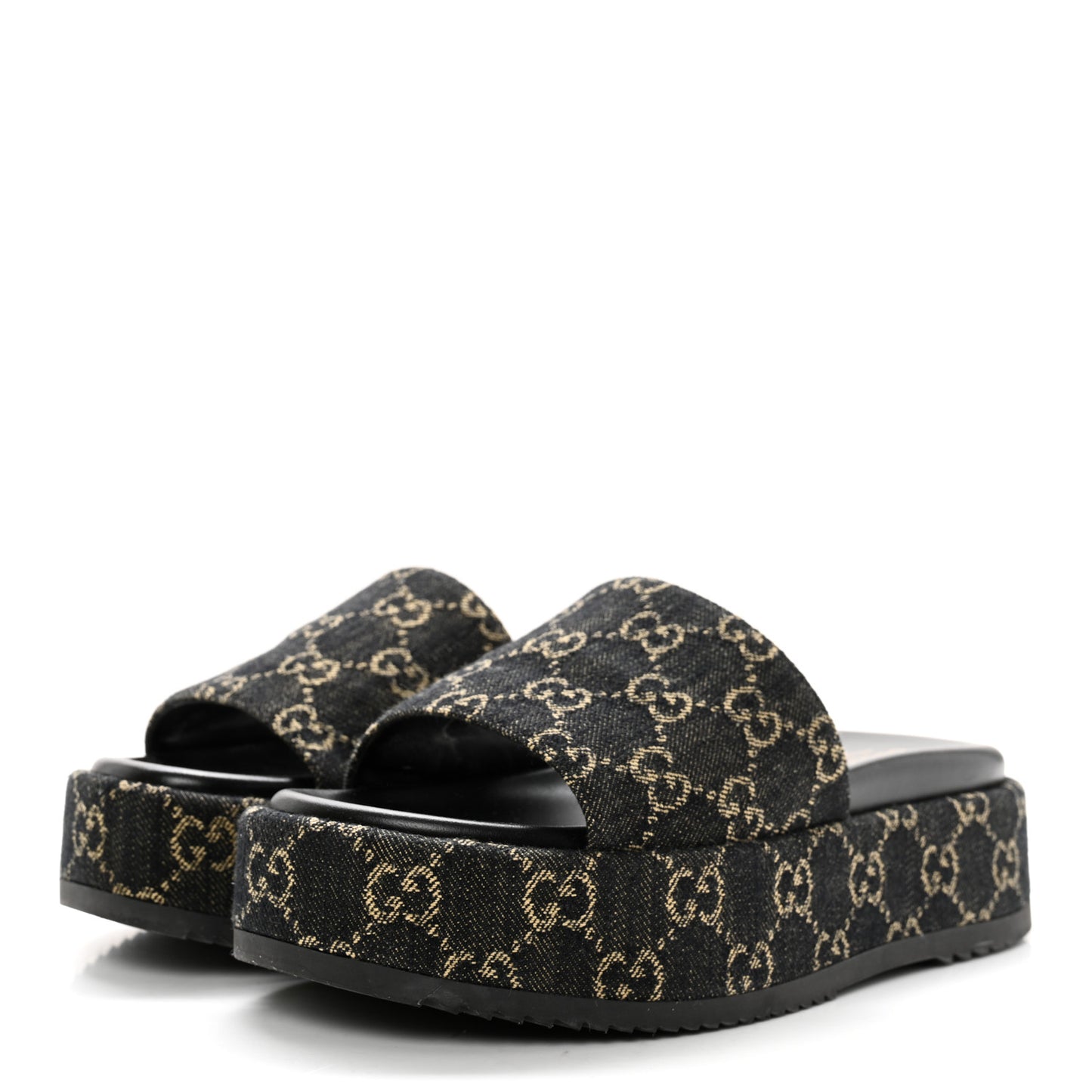 Jacquard Black Denim GG Monogram Angelina Platform 55mm Slide Sandals 38 Black Ivory