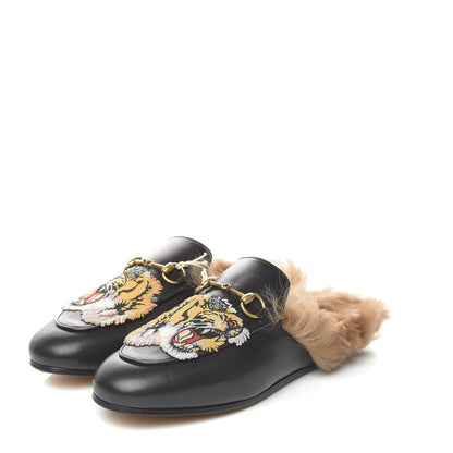 Gucci Calfskin Lambswool Tiger Embroidered Womens Princetown Slippers 38 Black 3 of 9