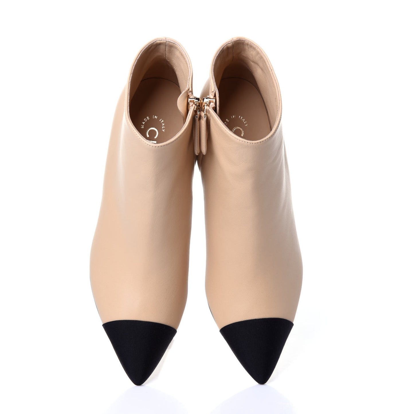 Lambskin Grosgrain Cap Toe Short Ankle Boots 36 Beige Black