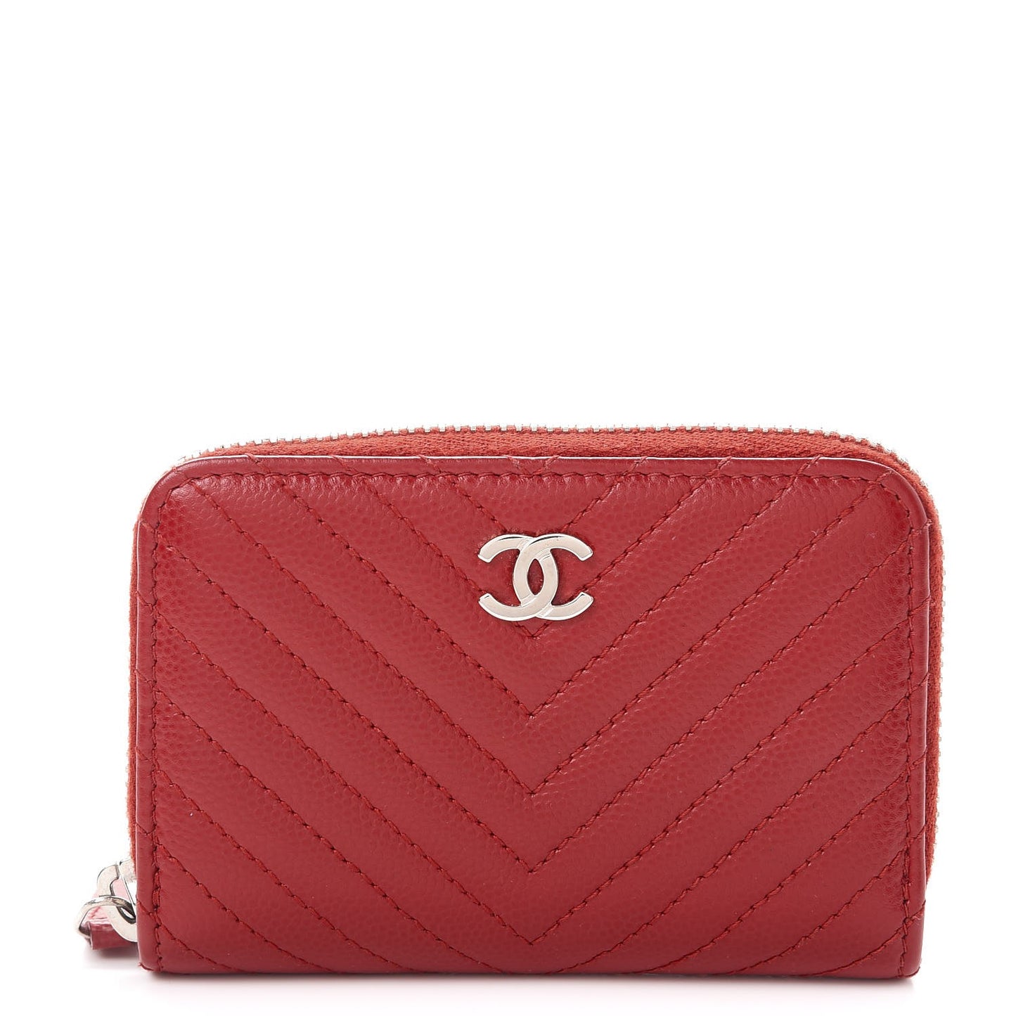 Caviar Chevron Quilted Zip Around Coin Purse Red
