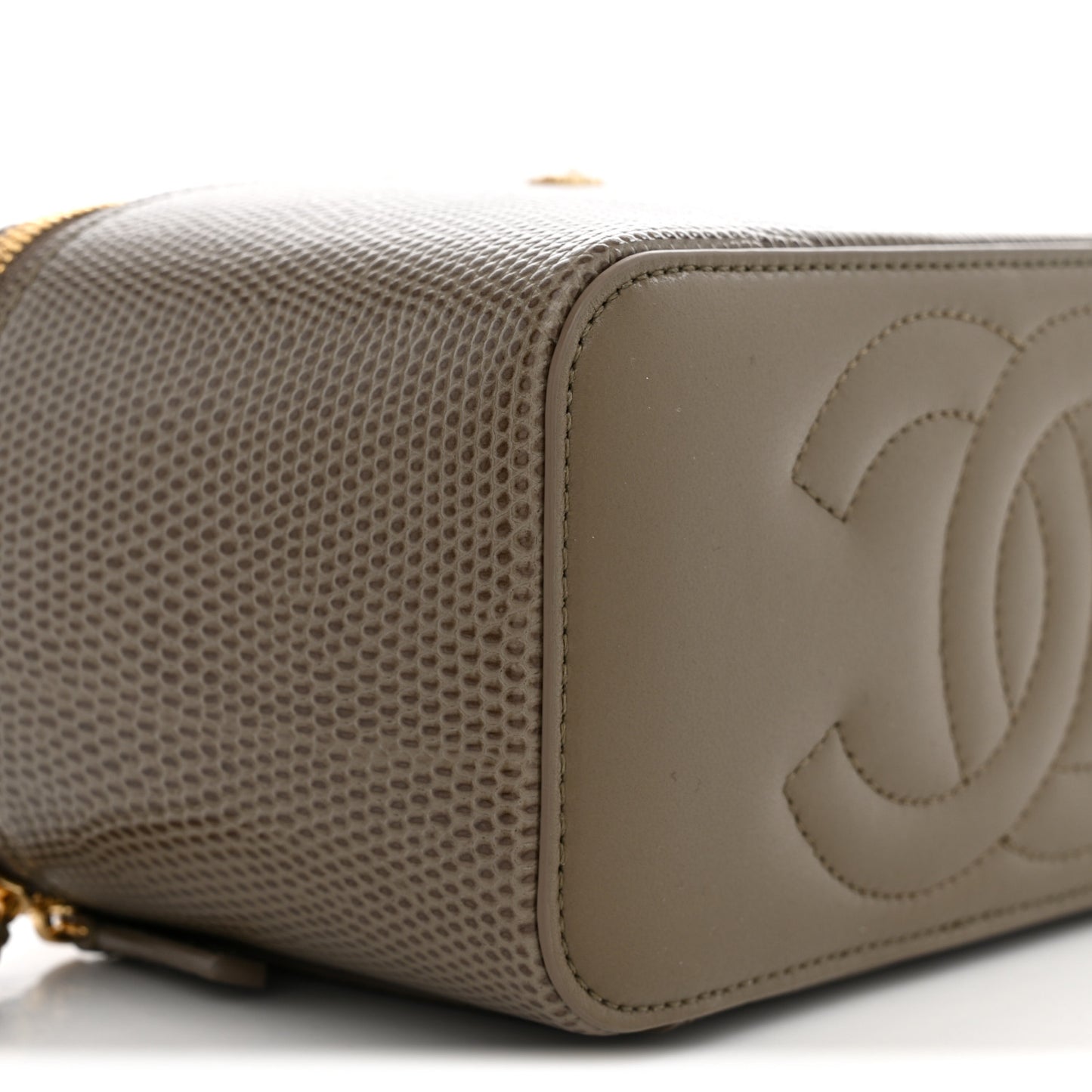 Calfskin Lizard Embossed Top Handle Vanity With Chain Dark Khaki