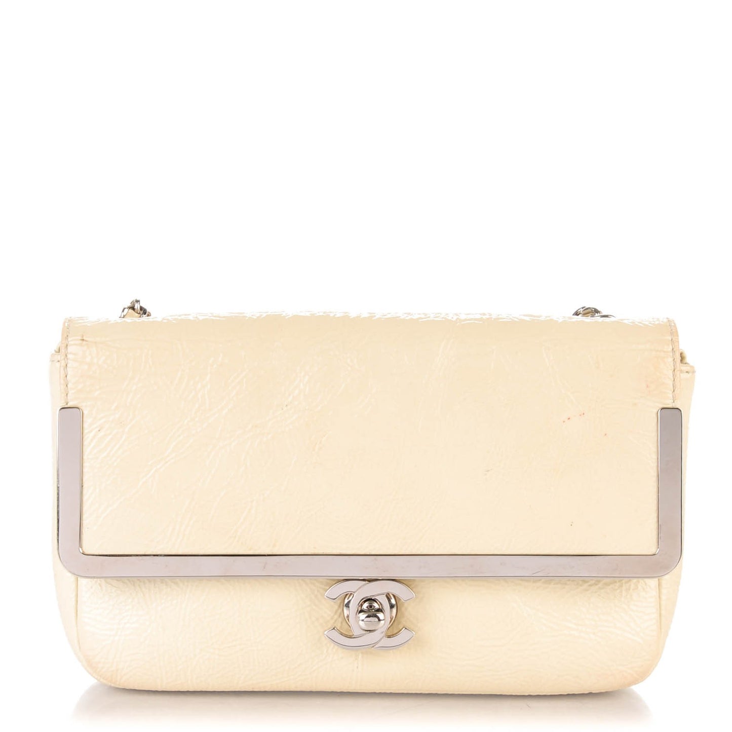 Distressed Patent Calfskin Frame Small Single Flap White